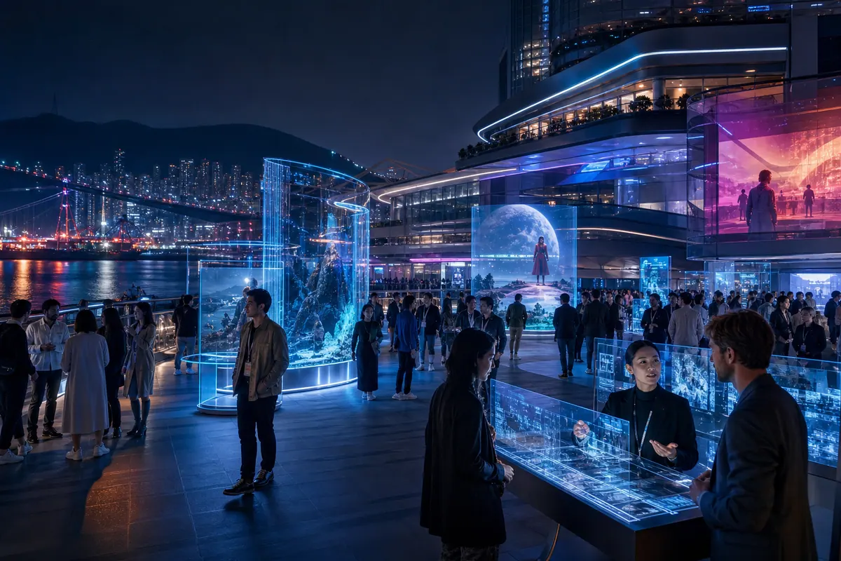 Mercado cinematográfico futurista en una ciudad portuaria asiática