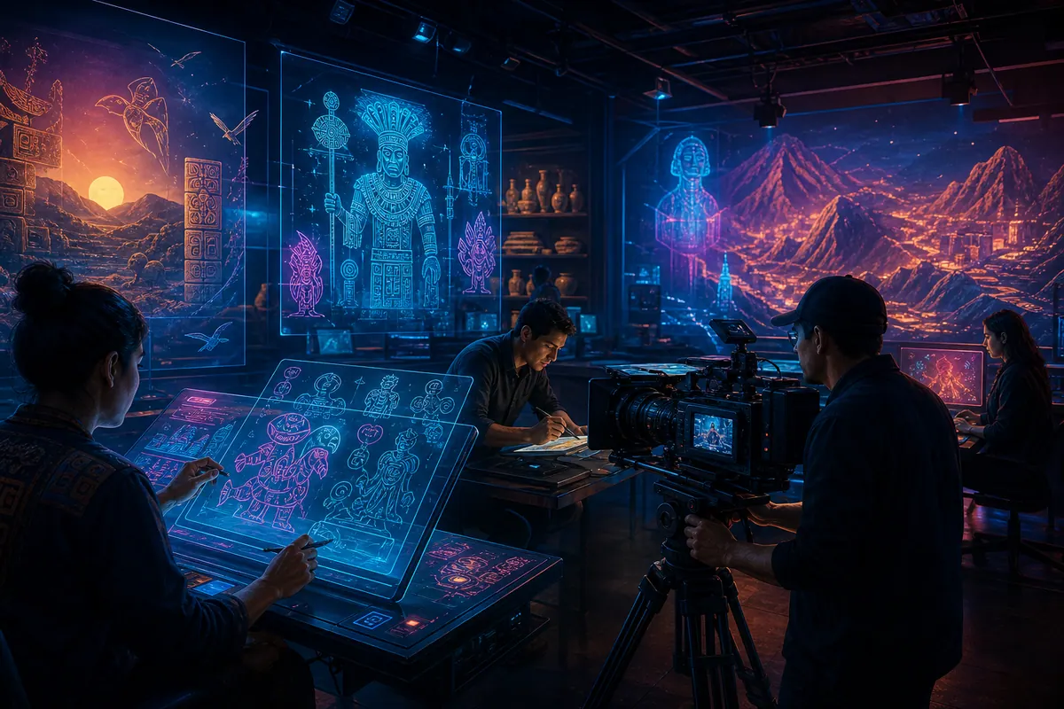 Creadores peruanos desarrollando cine y animación cultural en un estudio futurista